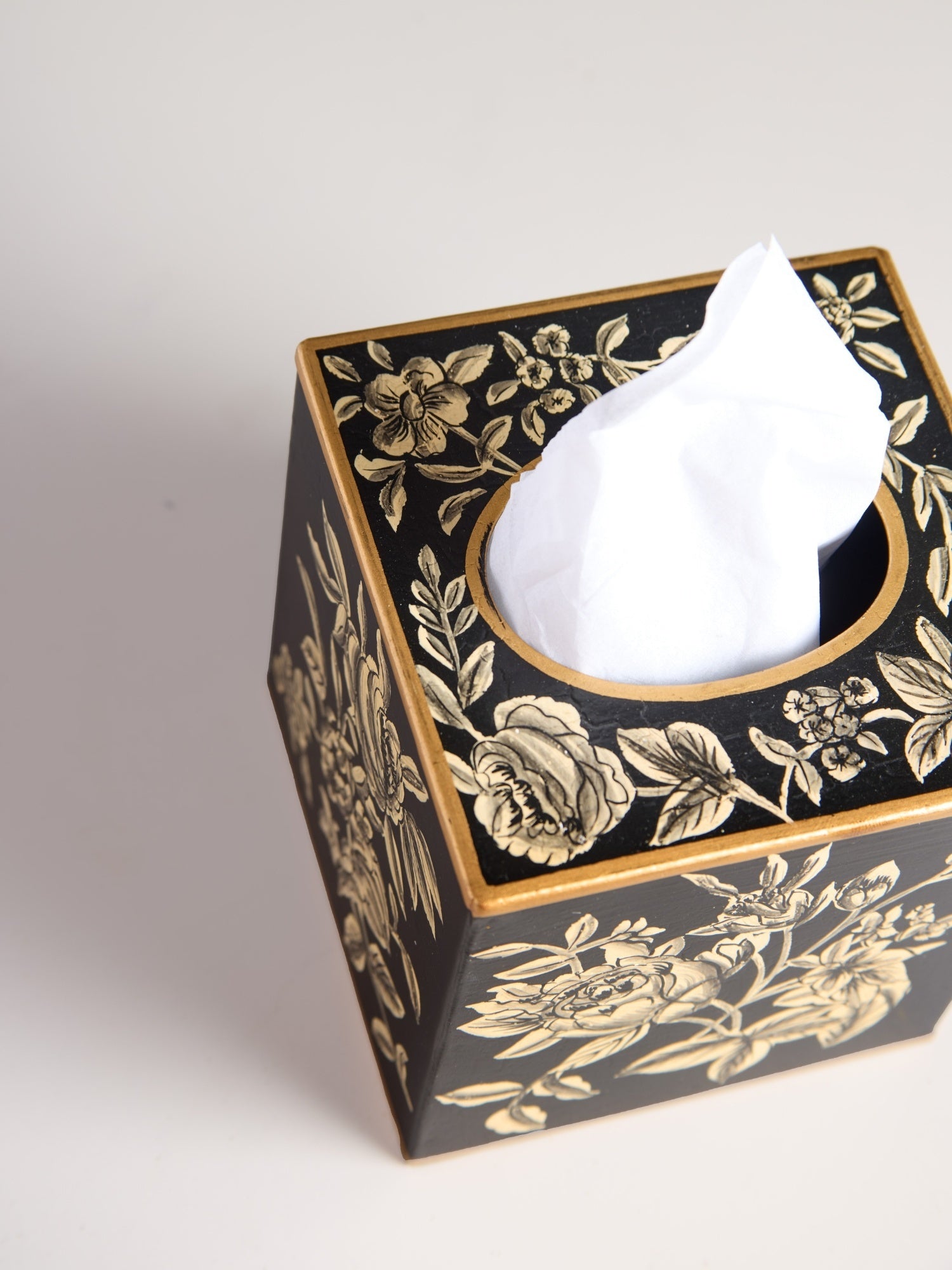 Peony Monochrome Handpainted Tissue Box Cover - Square (With Base)