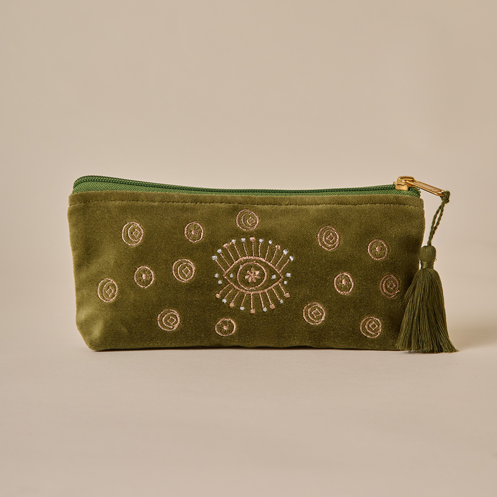 Olive Velvet Pencil Pouch - Amaara Home
