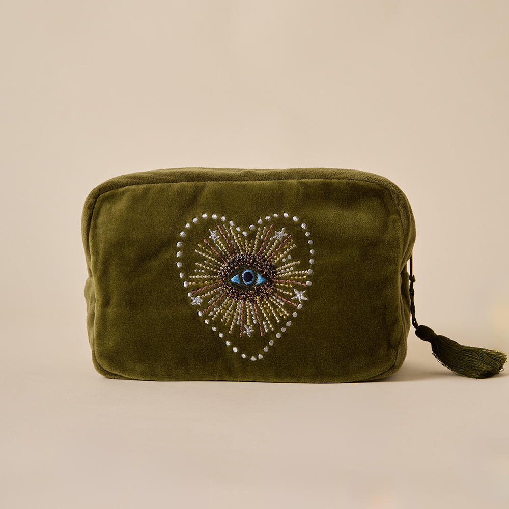 Olive Velvet Makeup Pouch - Amaara Home