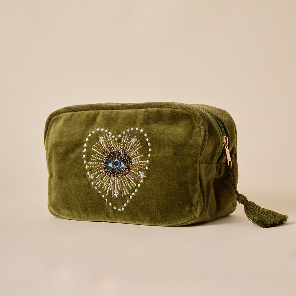 Olive Velvet Makeup Pouch - Amaara Home