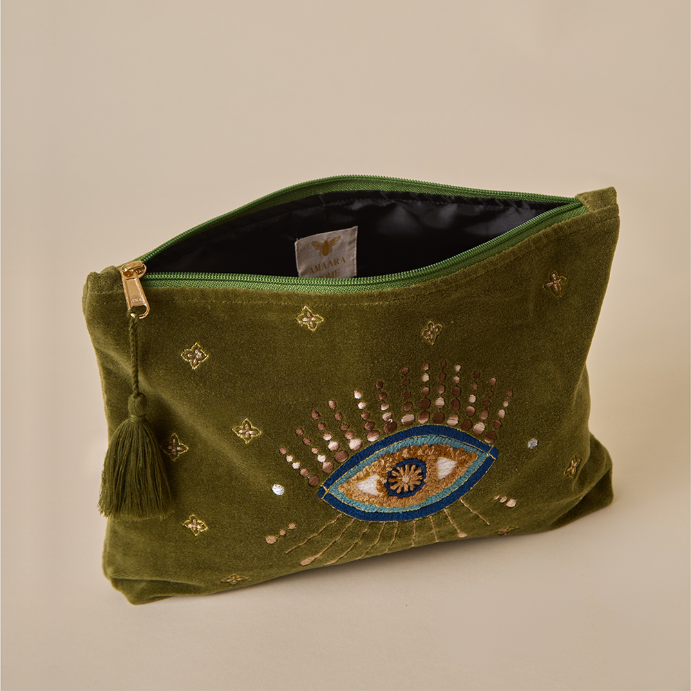 Olive Velvet Travel Pouch - Amaara Home