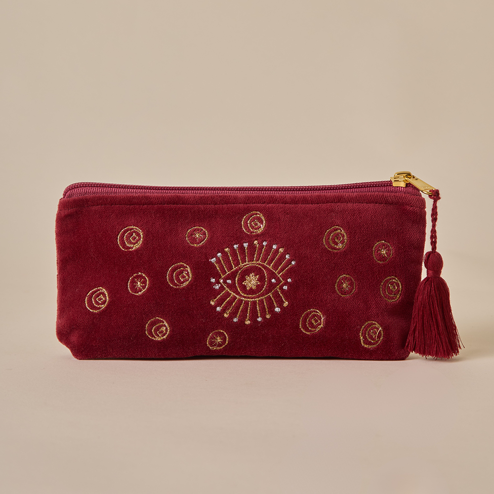 Maroon Velvet Pencil Pouch - Amaara Home