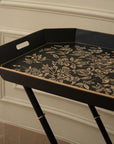 Peony Black Hand-Painted Rectangular Metal Tray with Attached Stand