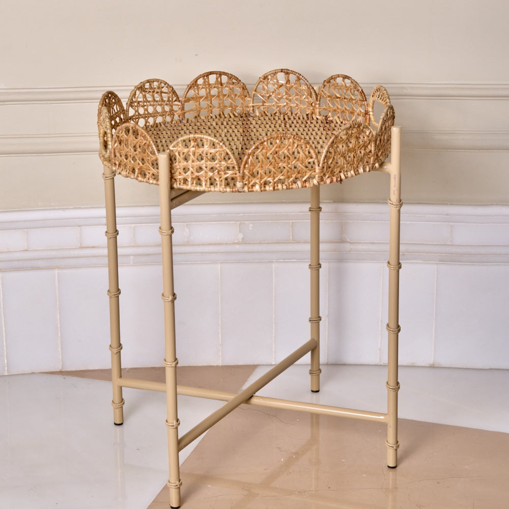 Handwoven Rattan Scalloped Side Table - Round
