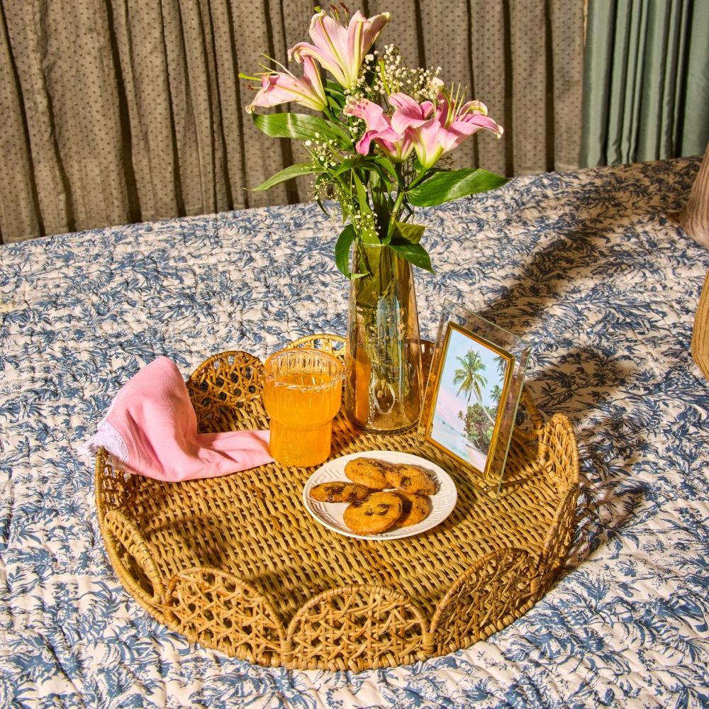 Handwoven Rattan Scalloped Side Table - Round