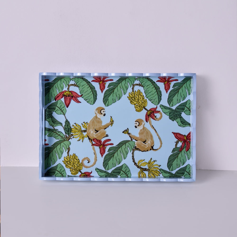 Tropica Enameled Tray: Monkeys in Mischief - Blue