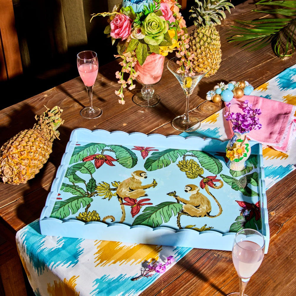 Tropica Enameled Tray: Monkeys in Mischief - Blue