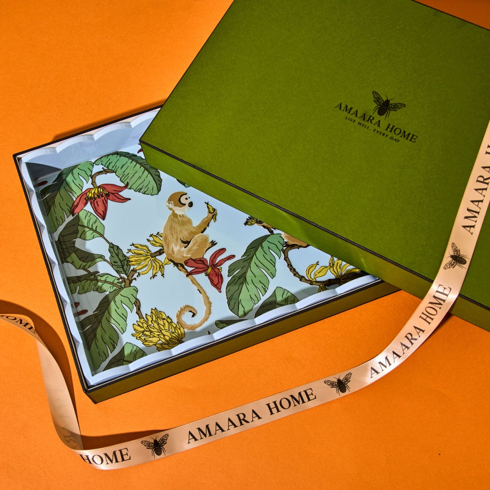 Tropica Enameled Tray: Monkeys in Mischief - Blue