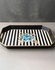 Peony Hand-Painted Floral Blue Motif Black & White Striped Metal Serving Tray