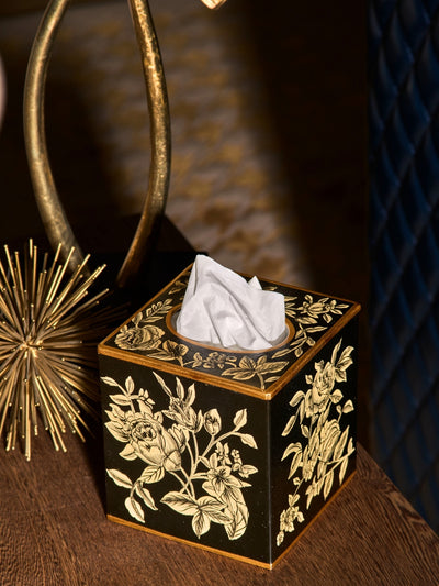 Peony Monochrome Handpainted Tissue Box Cover - Square (Without Base)