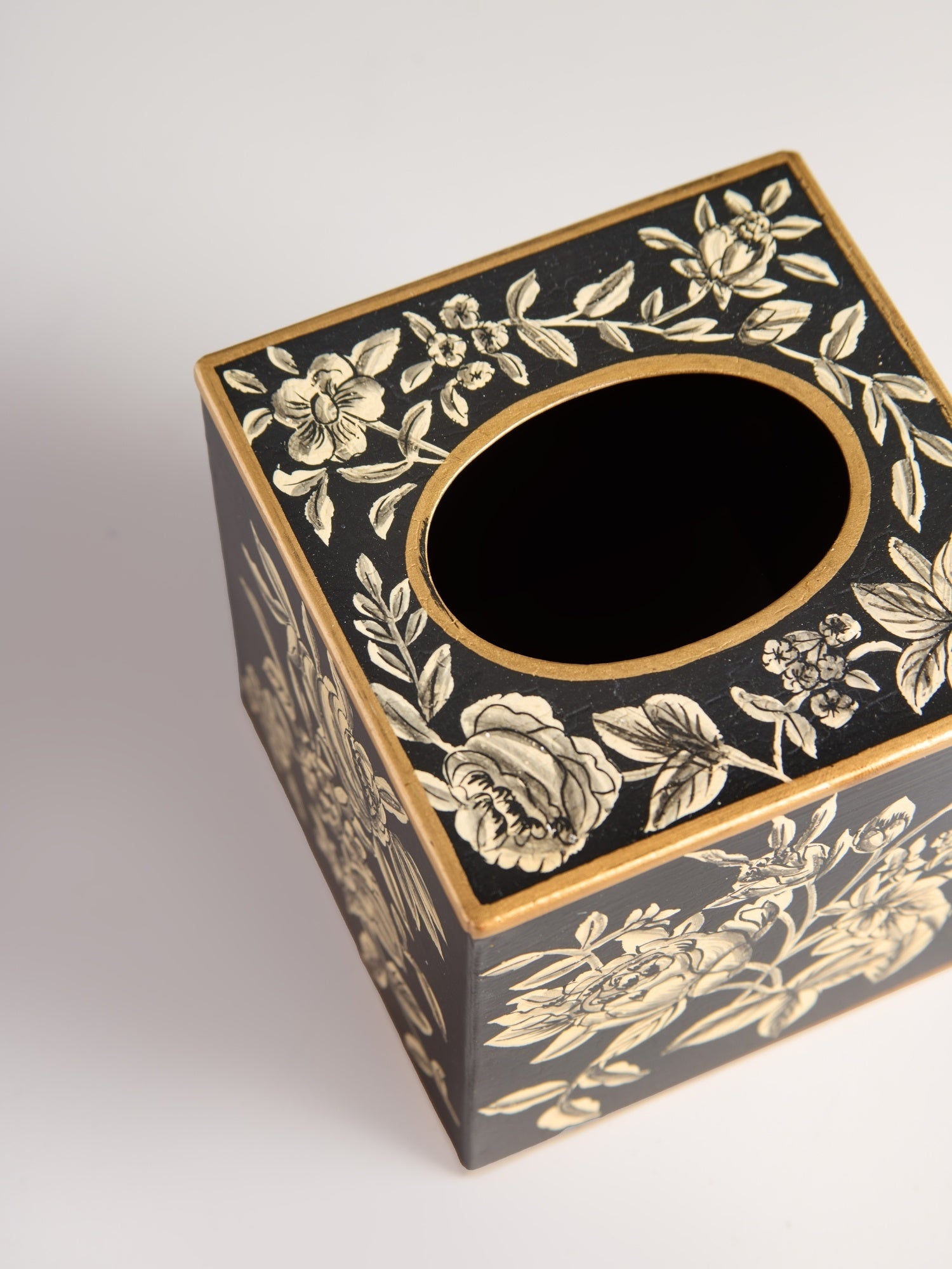 Peony Monochrome Handpainted Tissue Box Cover - Square (With Base)