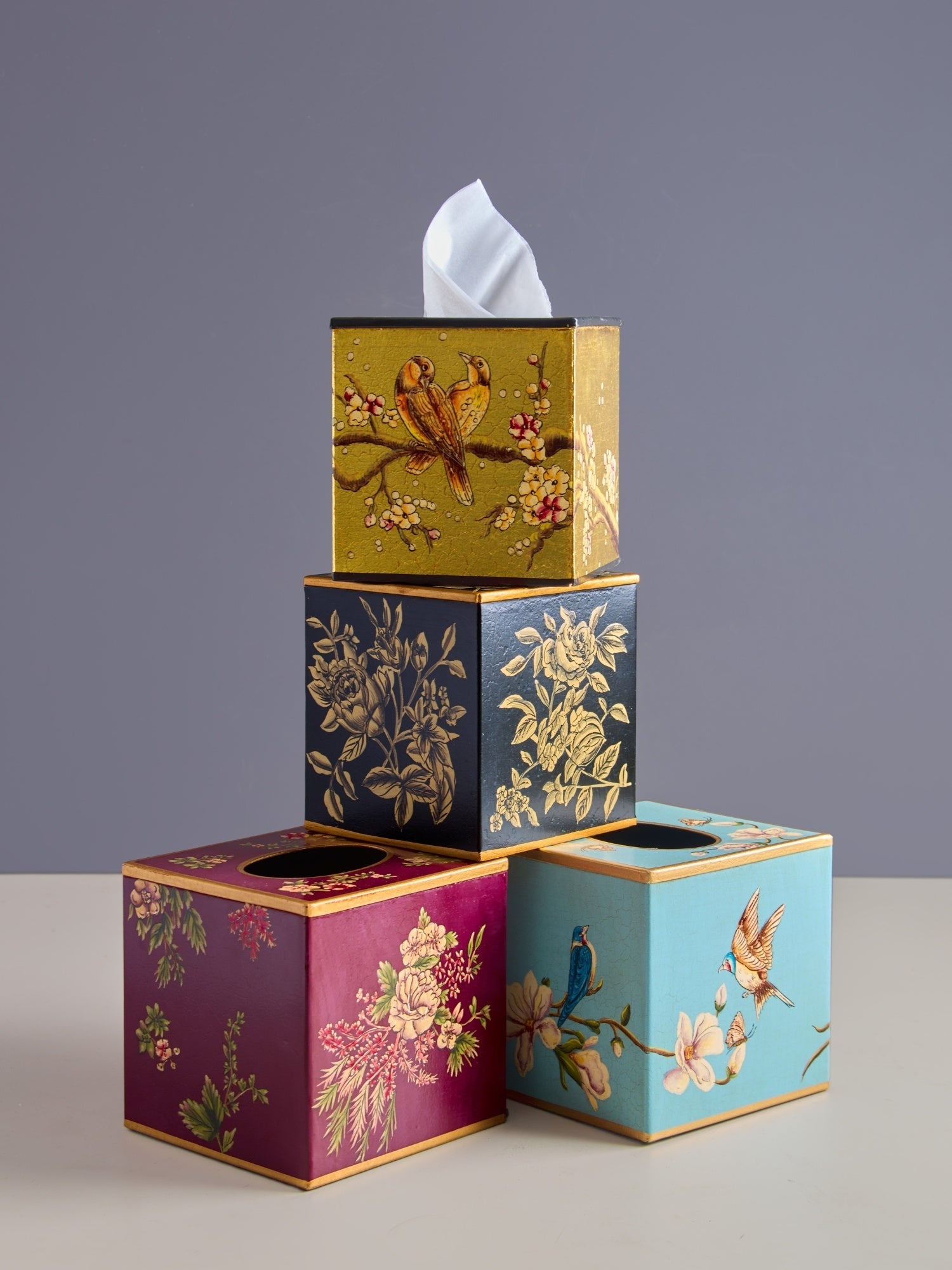 Peony Monochrome Handpainted Tissue Box Cover - Square (With Base)