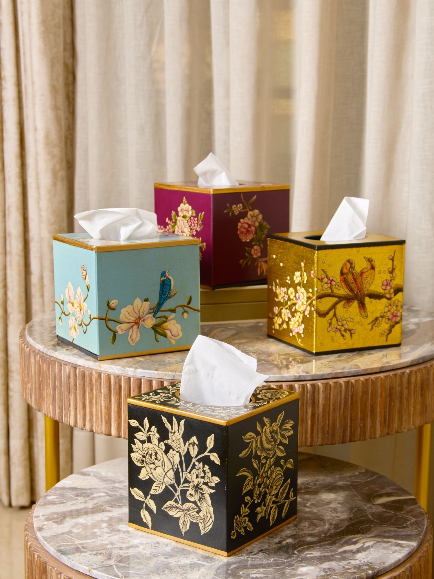 Peony Monochrome Handpainted Tissue Box Cover - Square (With Base)