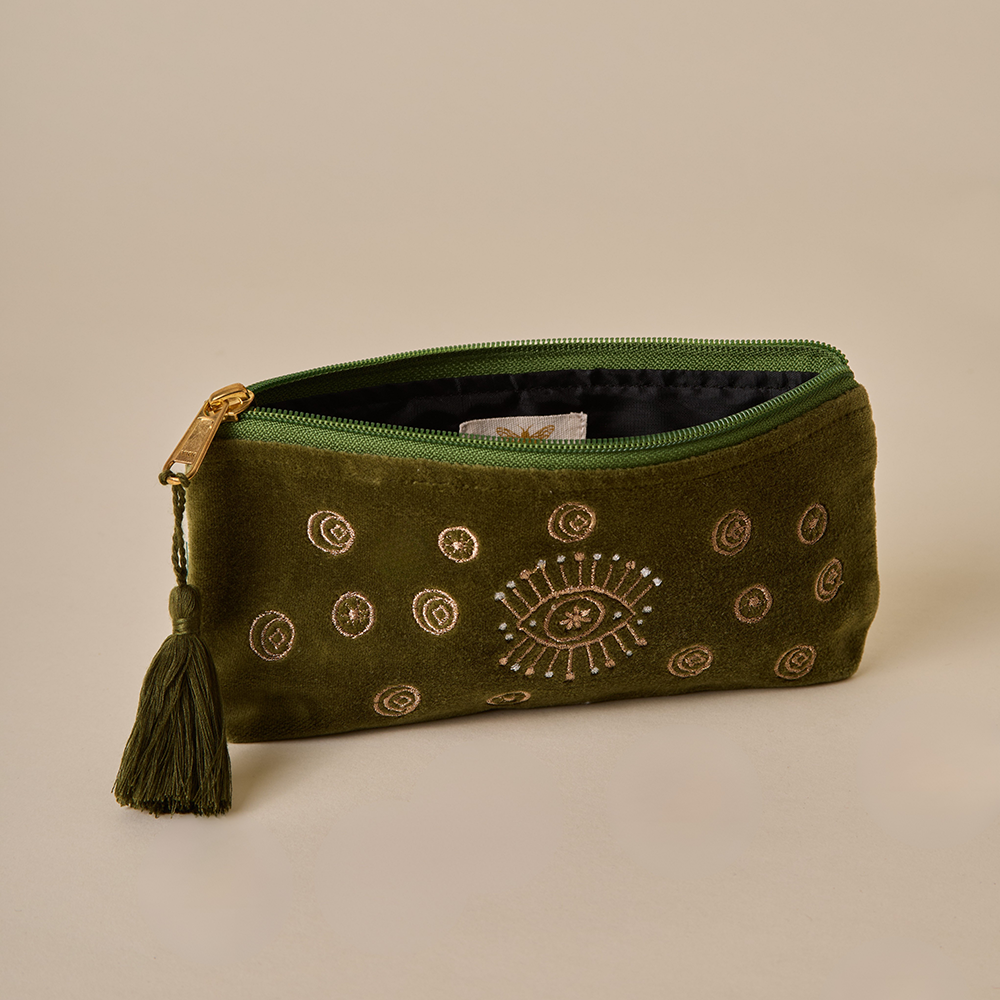 Olive Velvet Pencil Pouch - Amaara Home