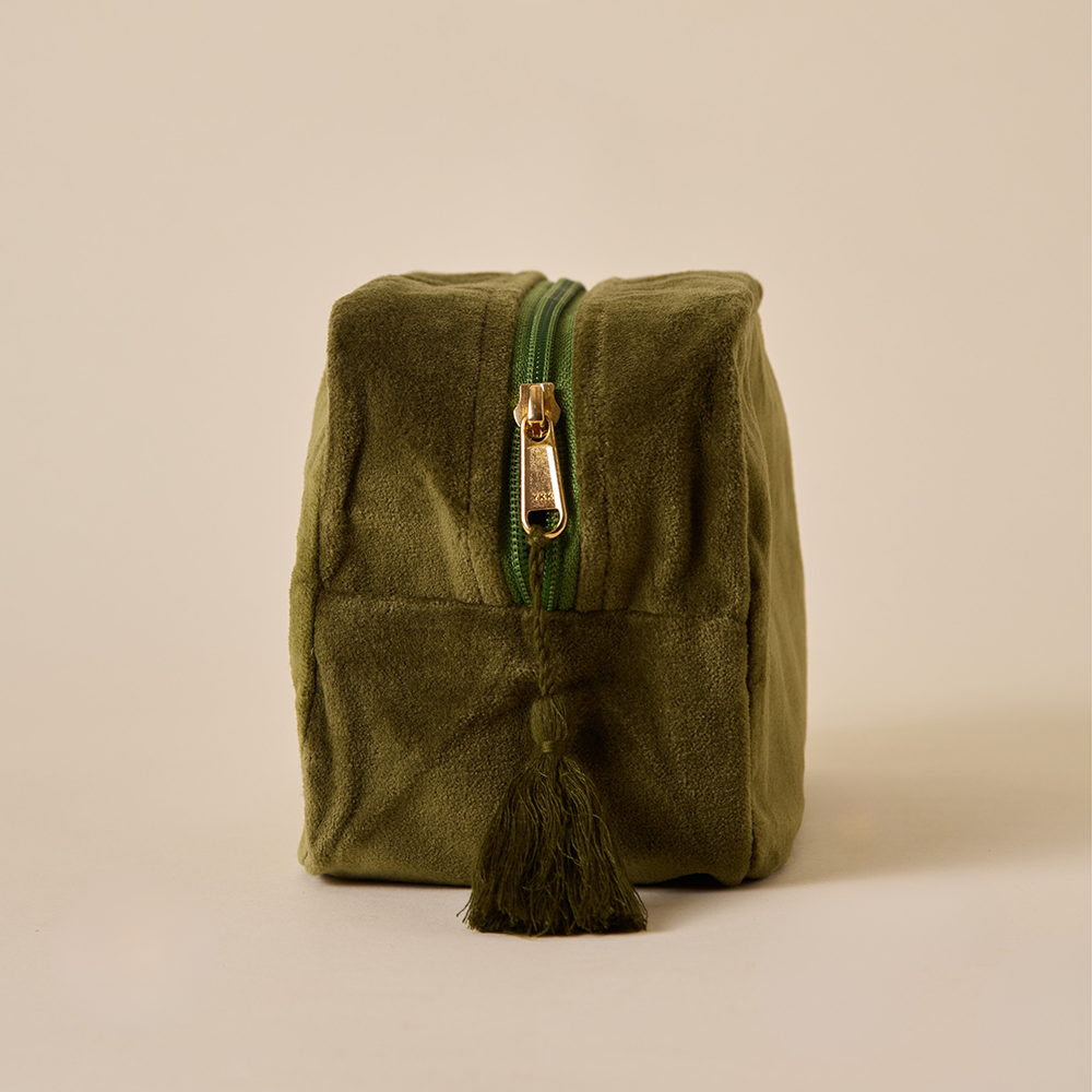 Olive Velvet Makeup Pouch - Amaara Home
