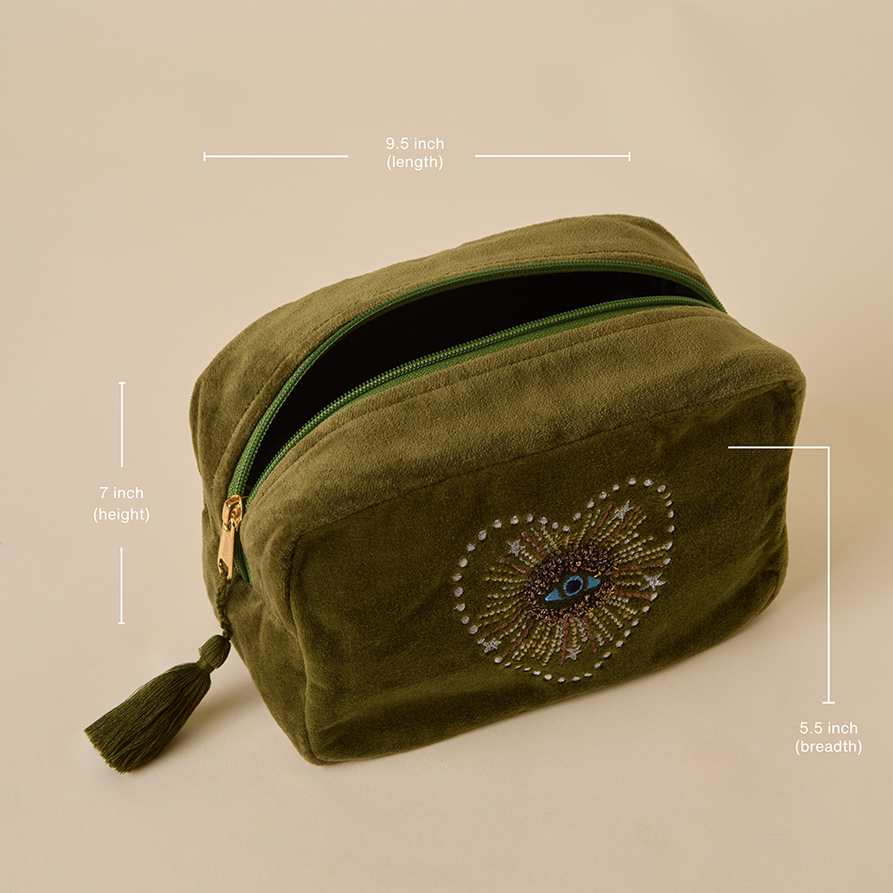 Olive Velvet Makeup Pouch - Amaara Home