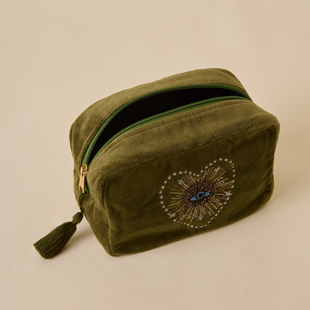 Olive Velvet Makeup Pouch - Amaara Home