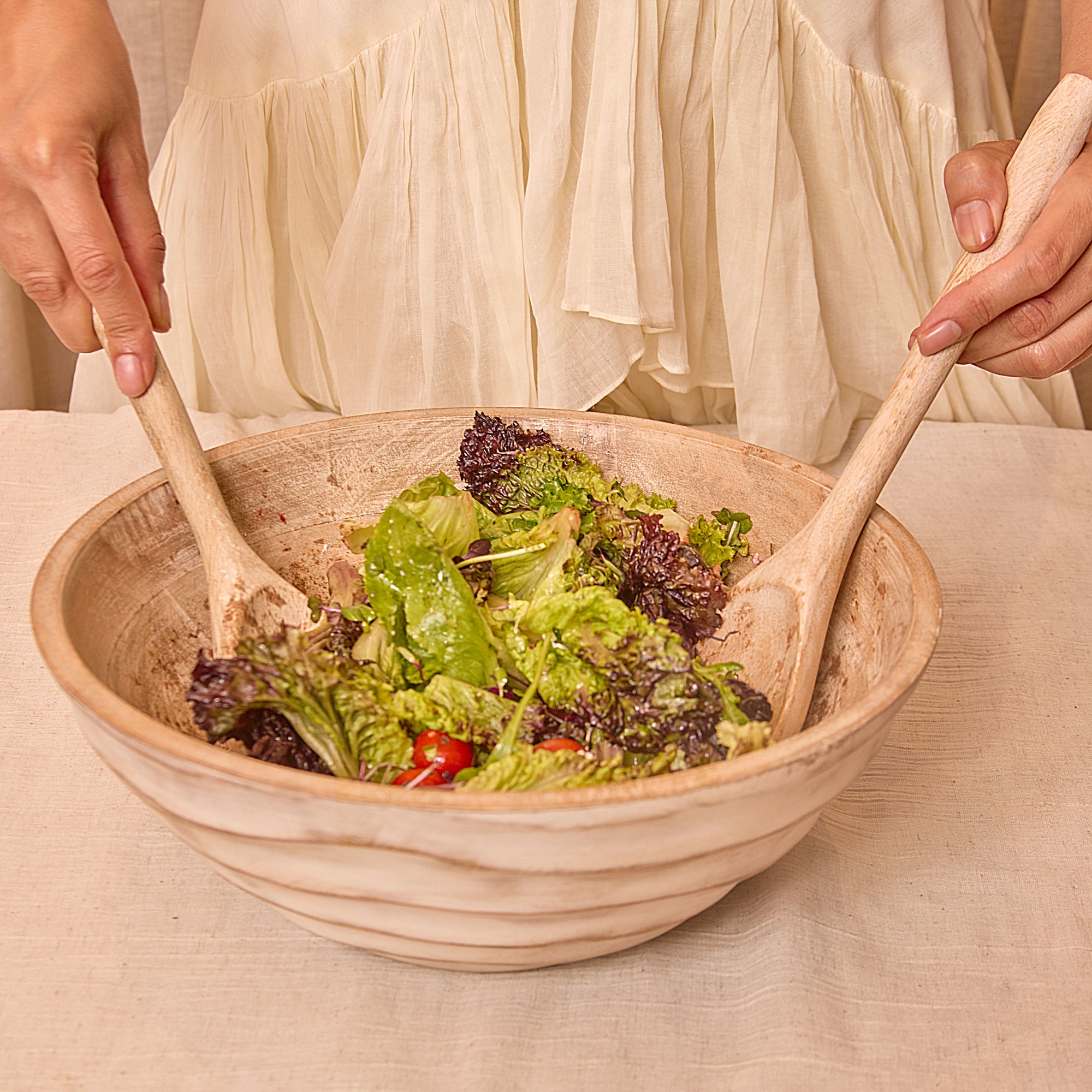 Umi Brown Wooden Salad Bowl with Matching Servers
