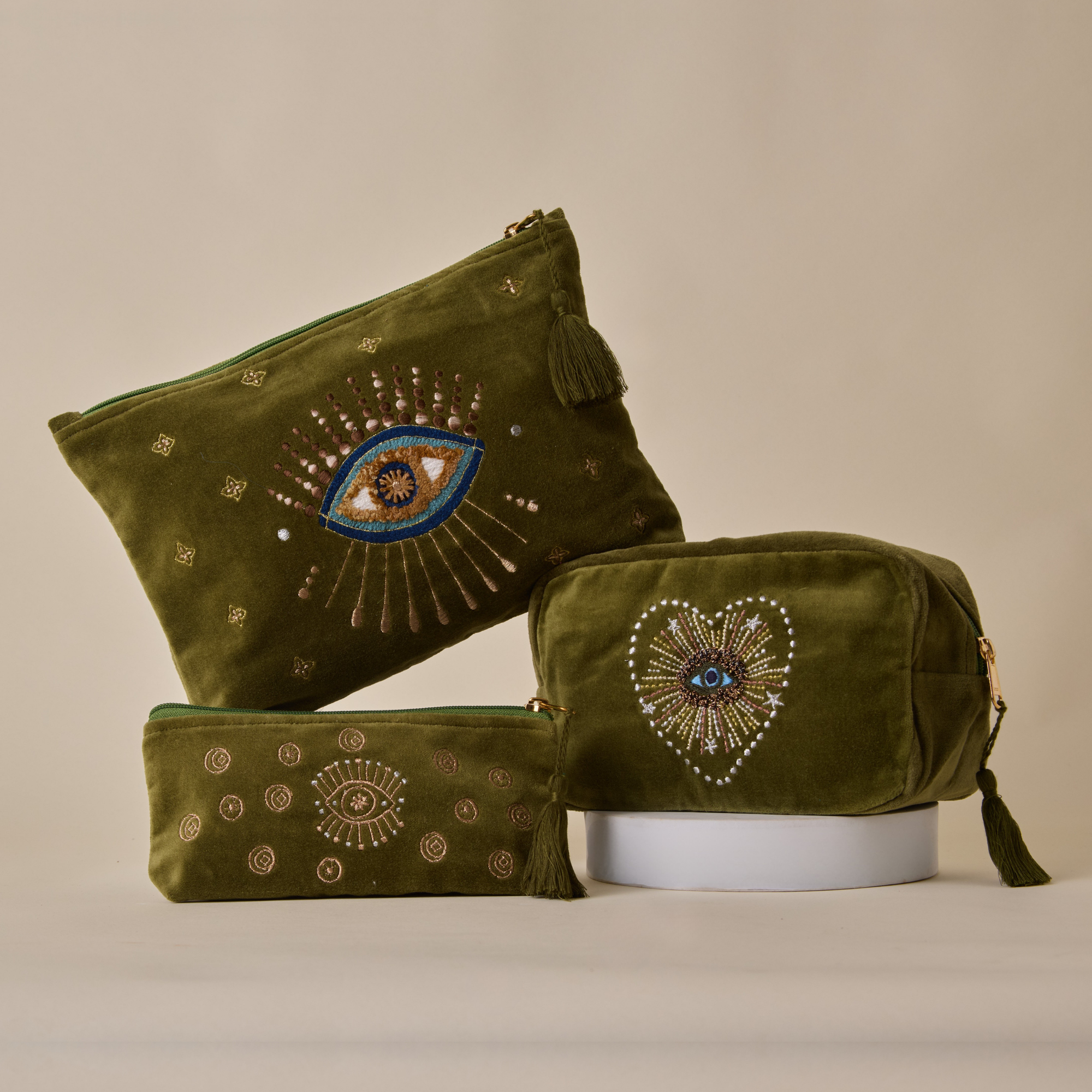 Evil Eye Olive Utility Pouch Set of 3