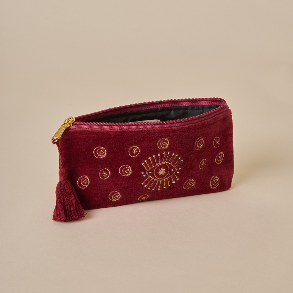 Maroon Velvet Pencil Pouch - Amaara Home