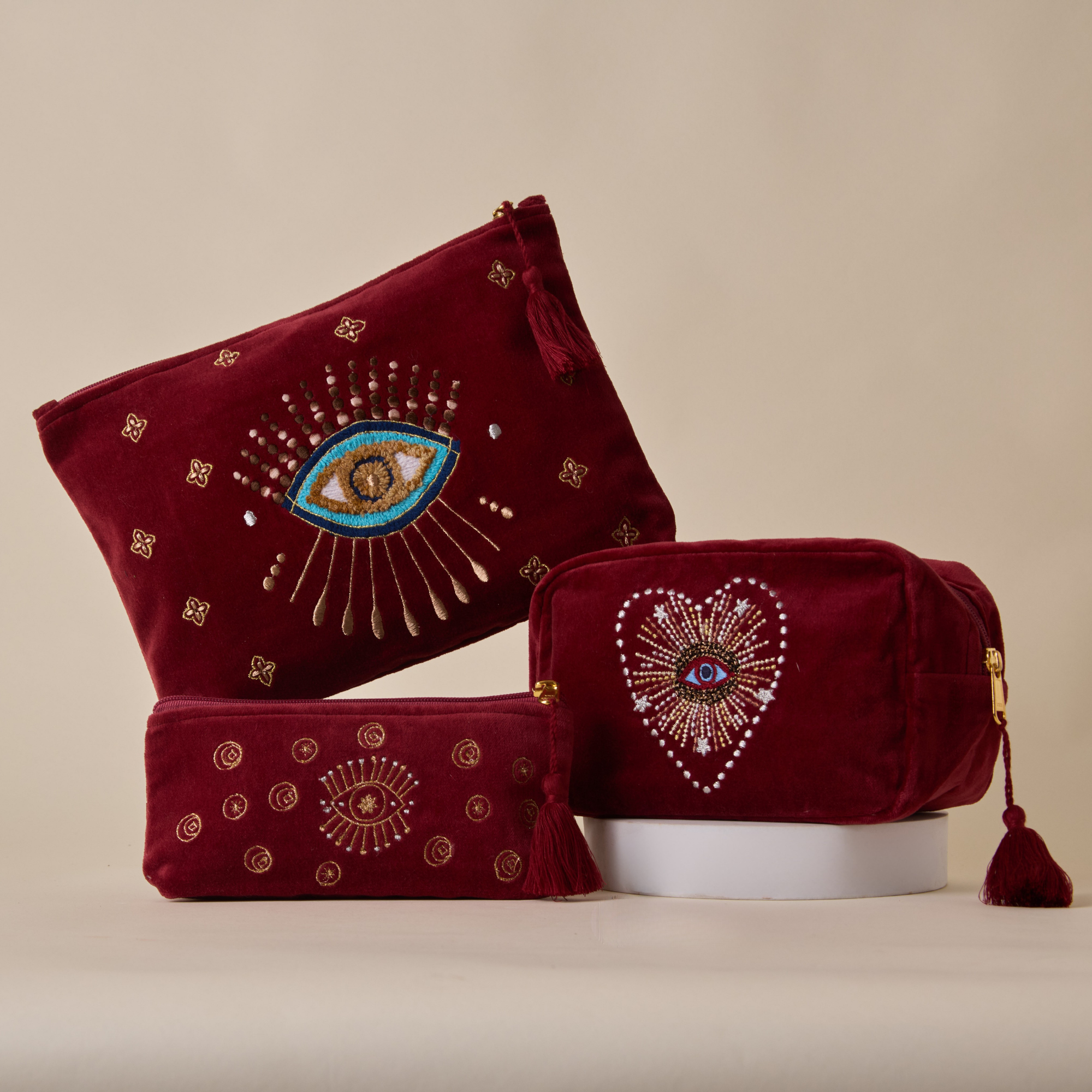 Evil Eye Maroon Utility Pouch Set of 3
