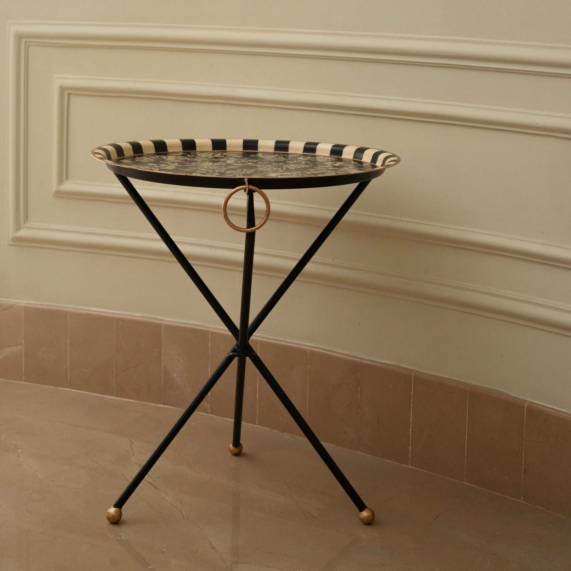 Peony Black Hand-Painted Round Foldable Metal Tray Table