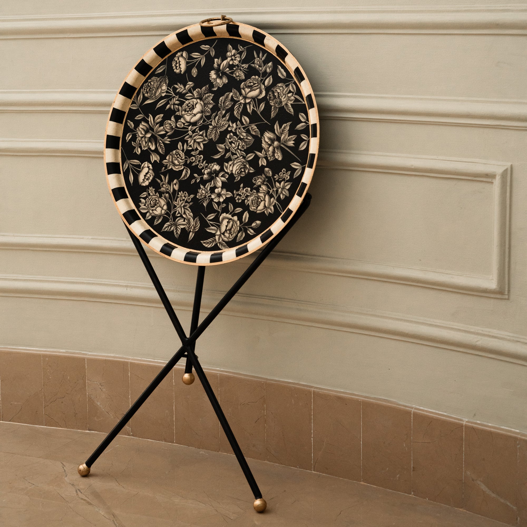Peony Black Hand-Painted Round Foldable Metal Tray Table