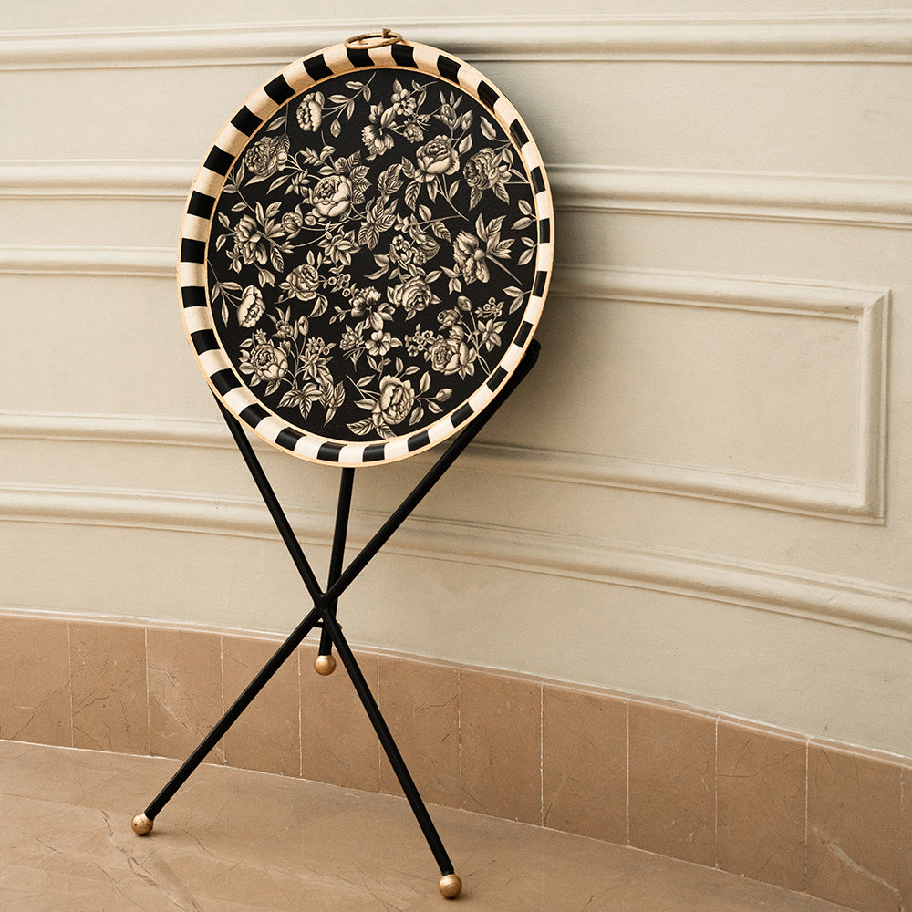 Handpainted Monochrome Tripod Butler Tray - Round