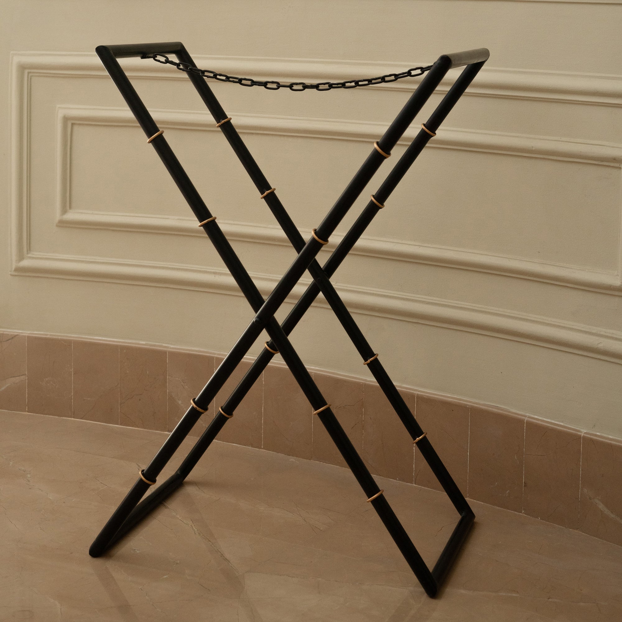 Peony Black Hand-Painted Rectangular Metal Tray with Attached Stand