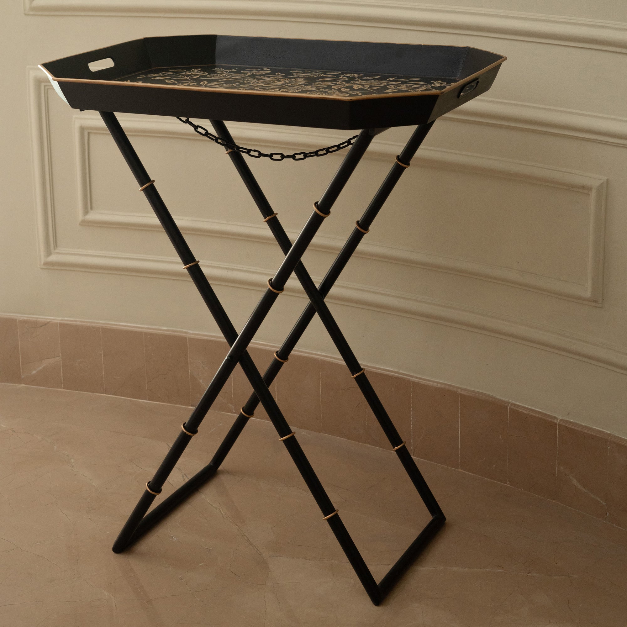 Peony Black Hand-Painted Rectangular Metal Tray with Attached Stand