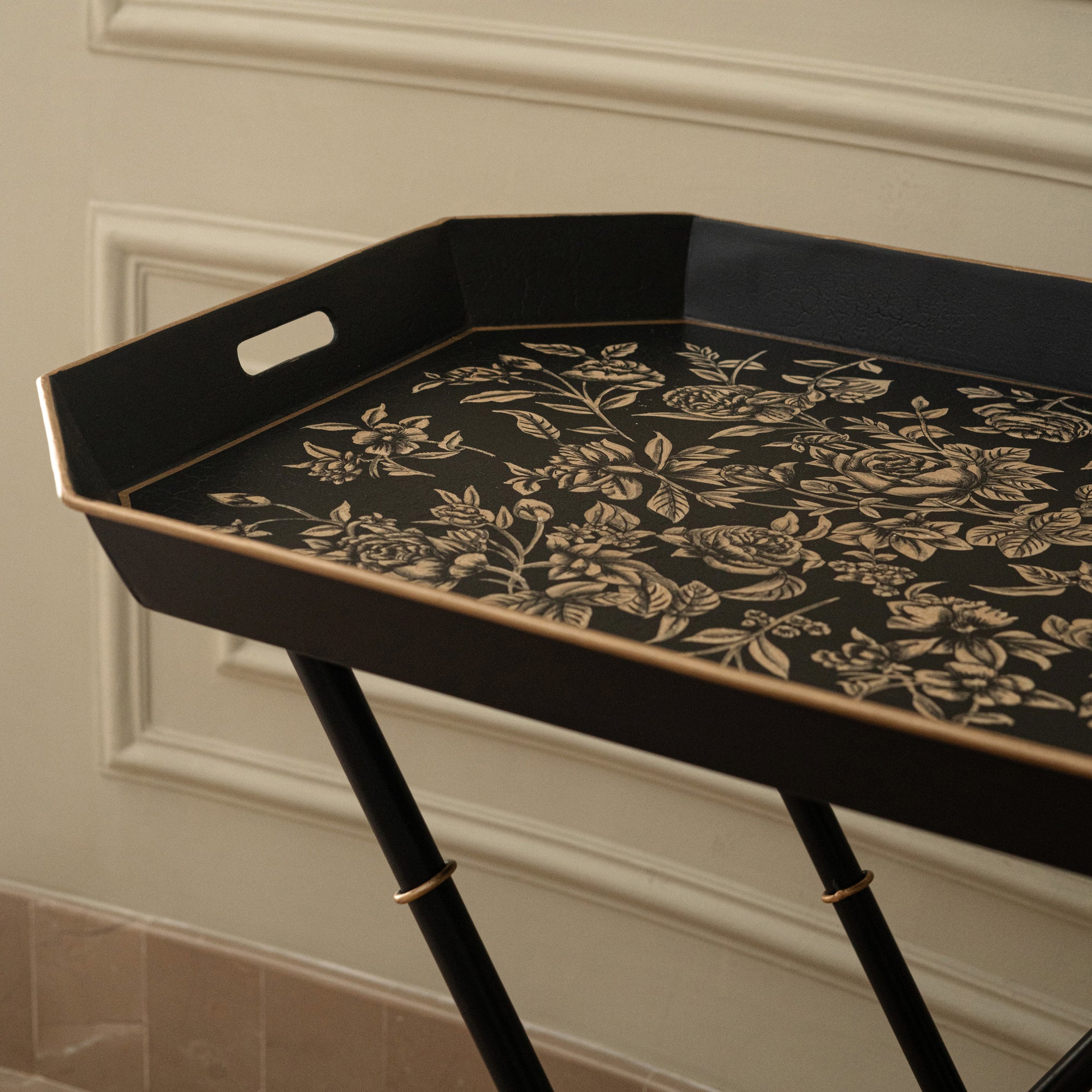 Peony Black Hand-Painted Rectangular Metal Tray with Attached Stand