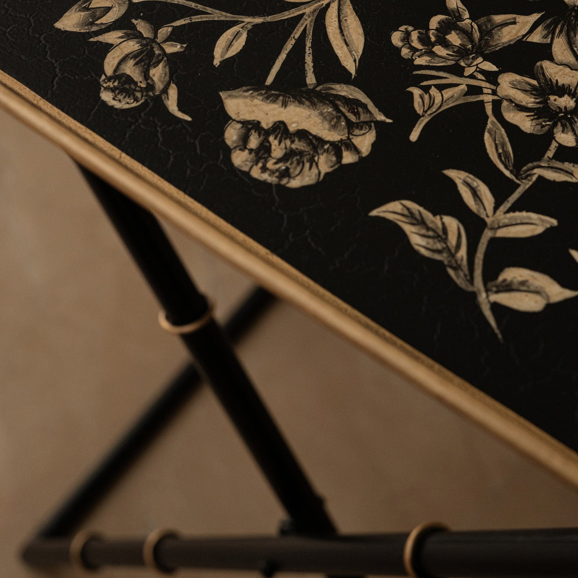 Peony Black Hand-Painted Rectangular Metal Tray with Attached Stand