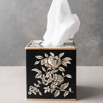 Peony Monochrome Handpainted Tissue Box Cover - Square (Without Base)