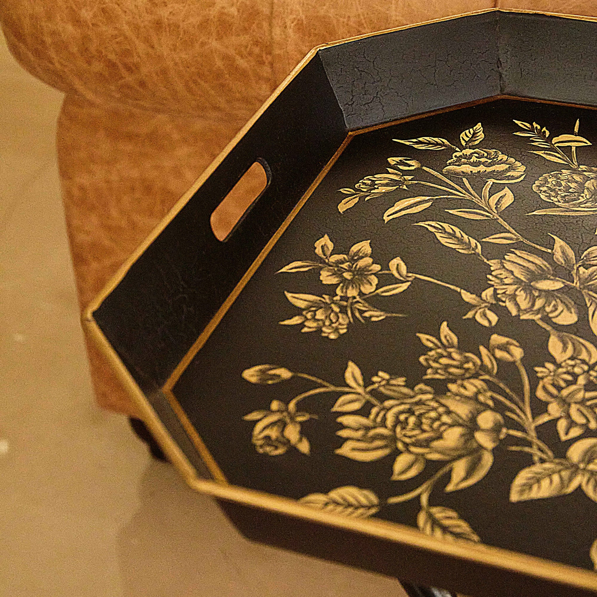 Peony Black Hand-Painted Rectangular Metal Tray with Attached Stand