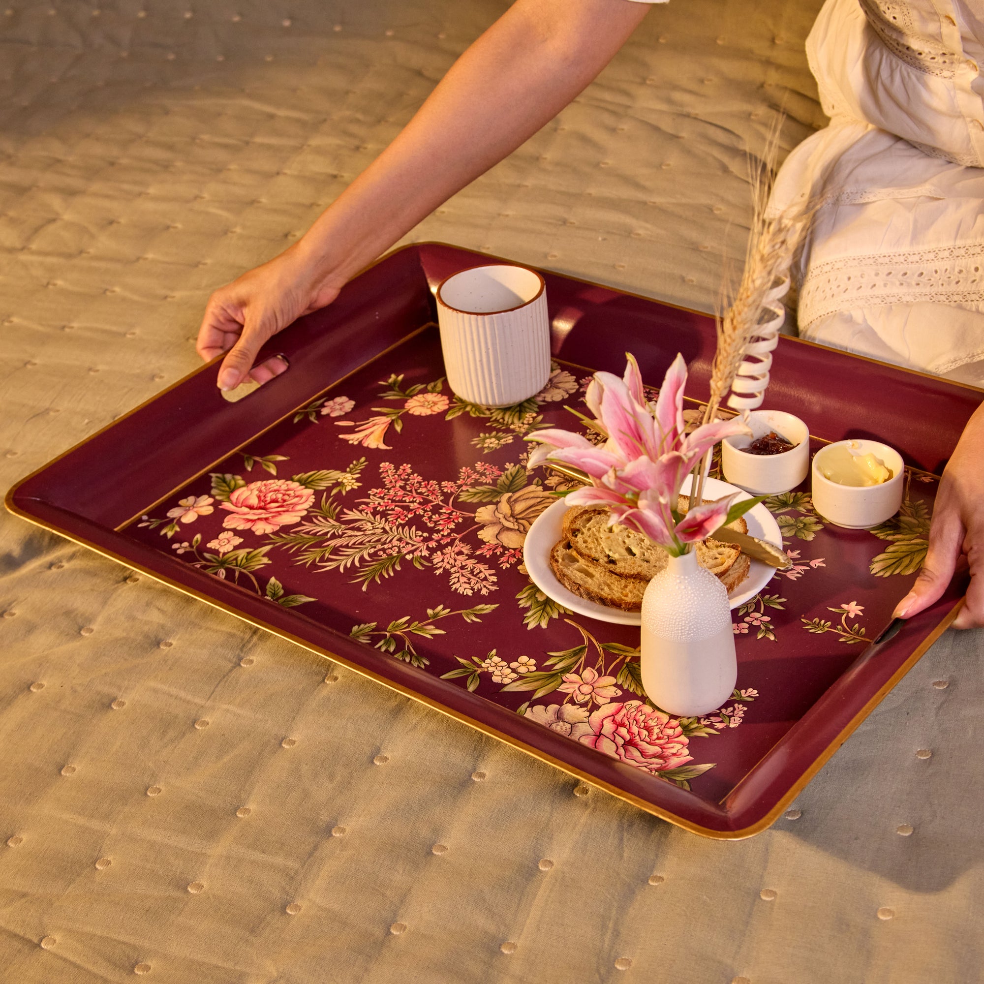 Rosa Maroon Hand-Painted Rectangular Foldable Metal Tray Table