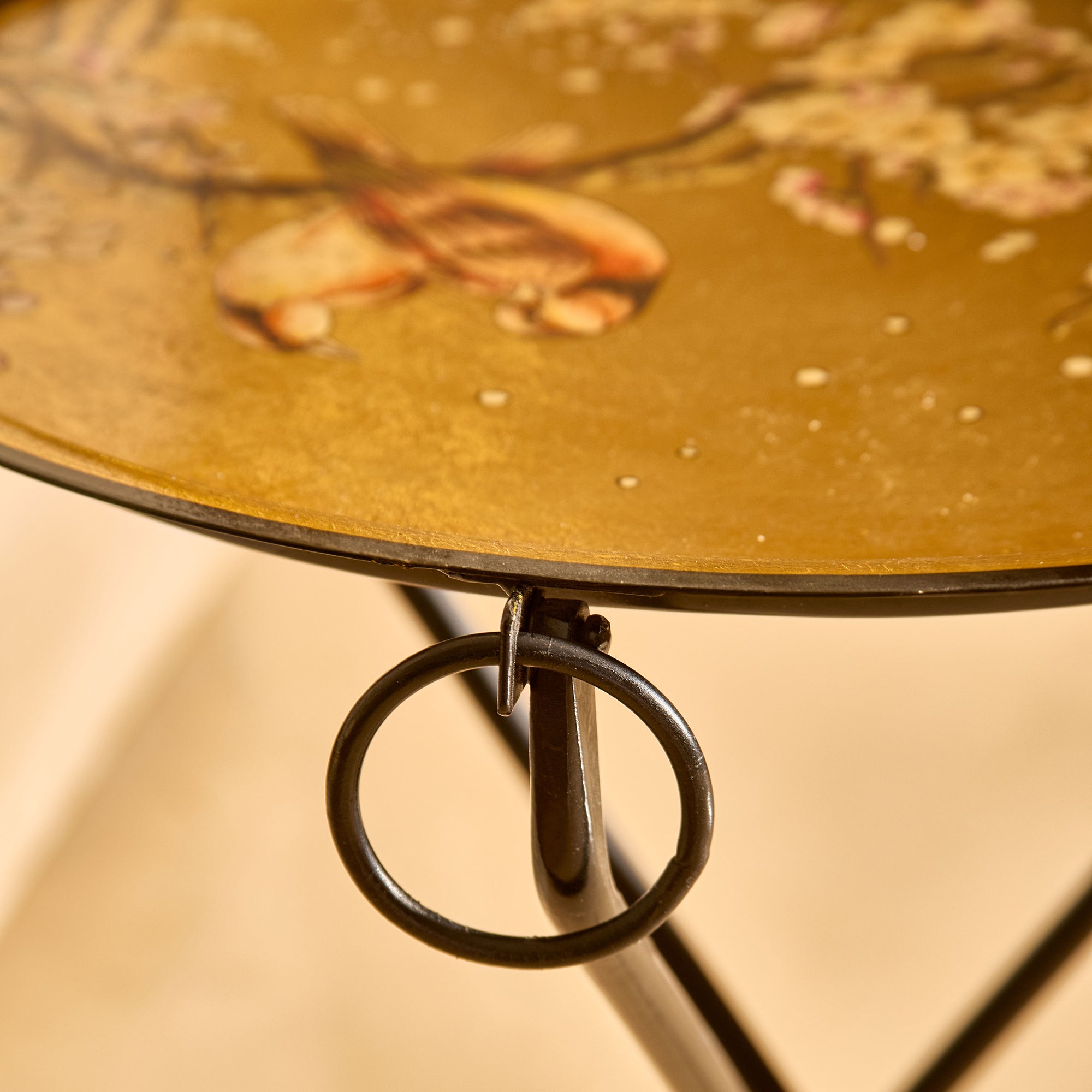 Sakura Black &amp; Gold Hand-Painted Round Foldable Metal Tray Table