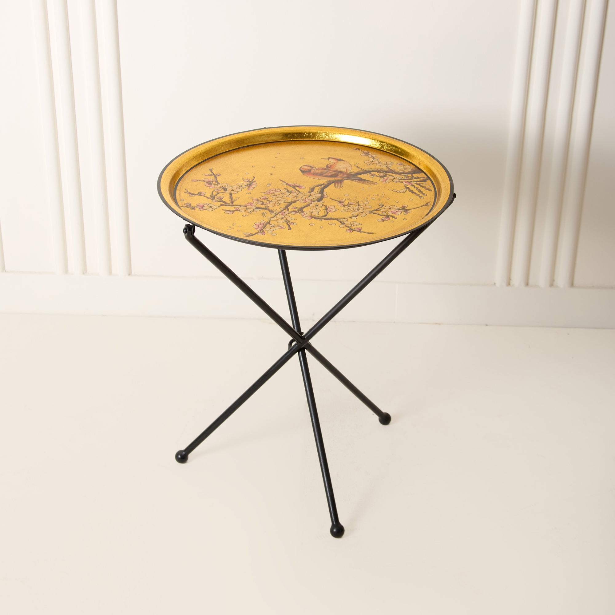 Sakura Black &amp; Gold Hand-Painted Round Foldable Metal Tray Table