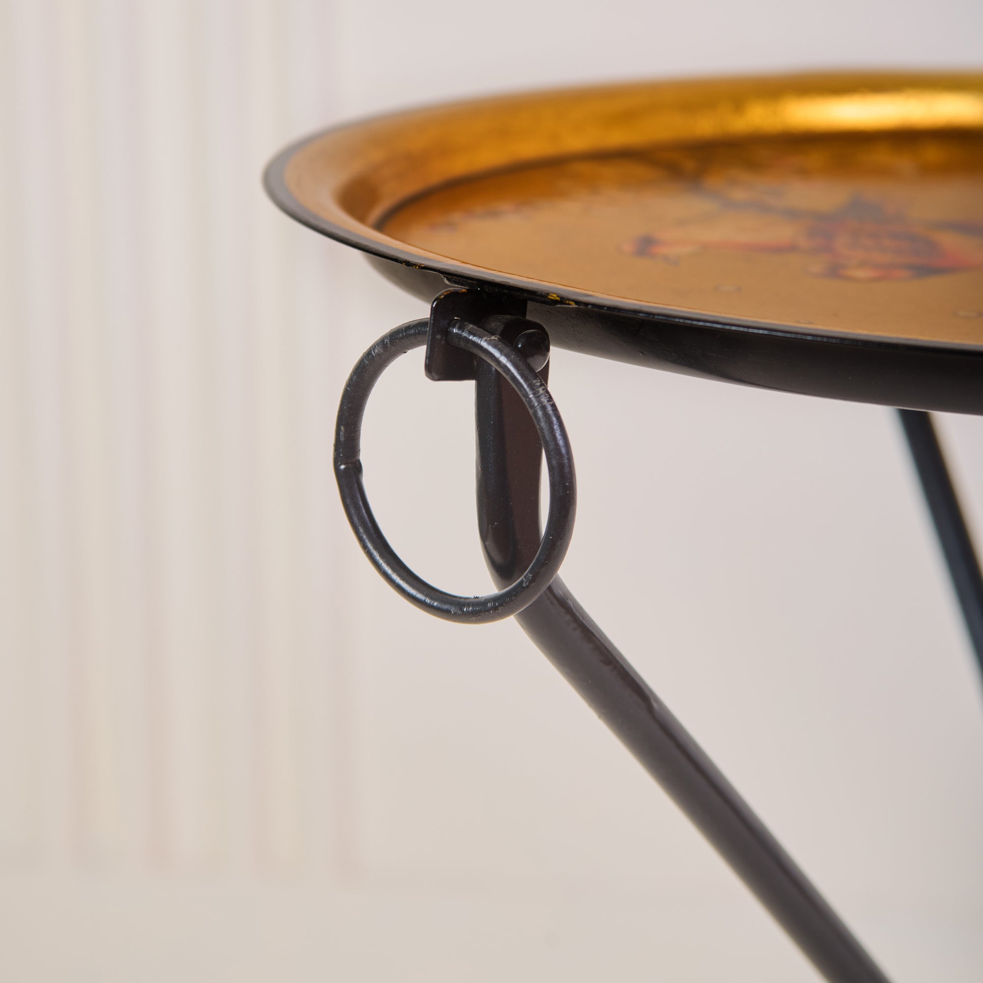Sakura Black &amp; Gold Hand-Painted Round Foldable Metal Tray Table