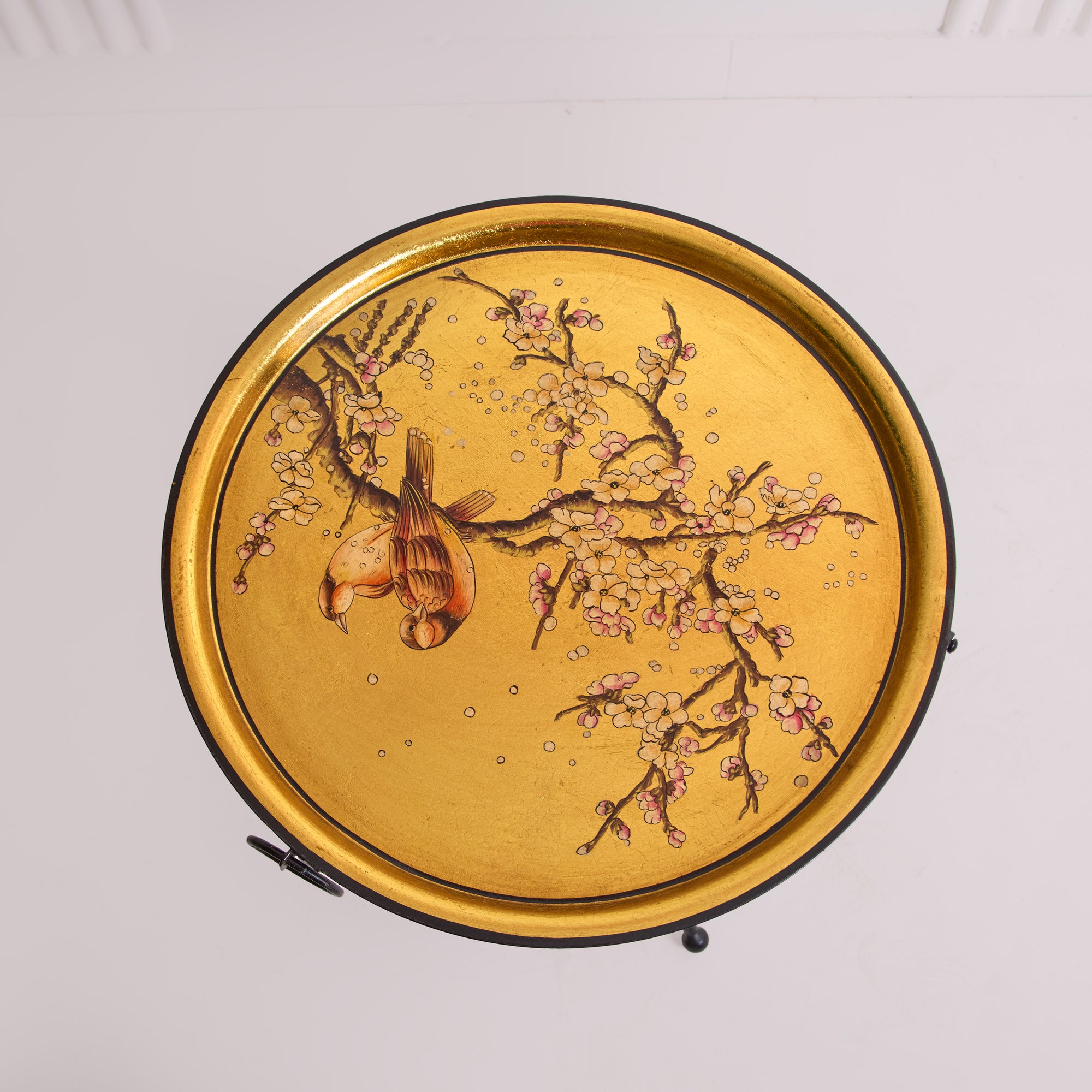 Sakura Black &amp; Gold Hand-Painted Round Foldable Metal Tray Table