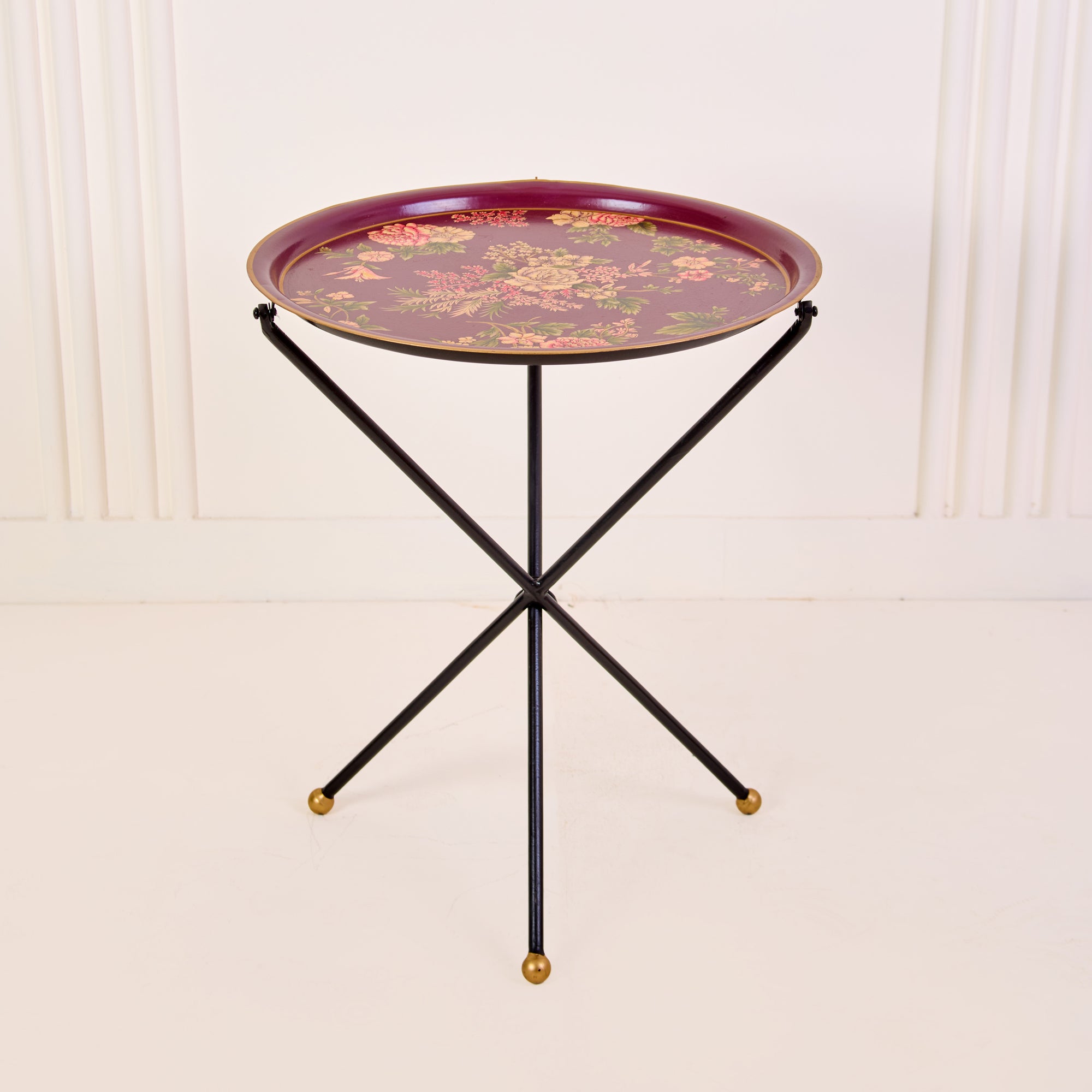 Rosa Maroon Hand-Painted Round Foldable Metal Tray Table