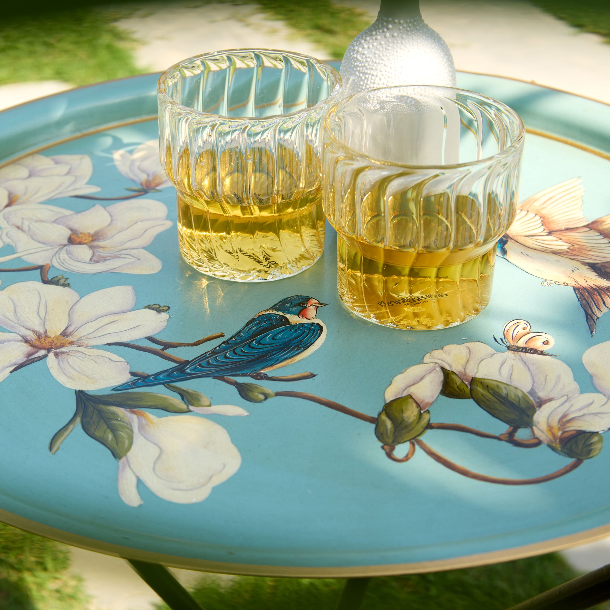 Magnolia Light Blue Hand-Painted Round Foldable Metal Tray Table