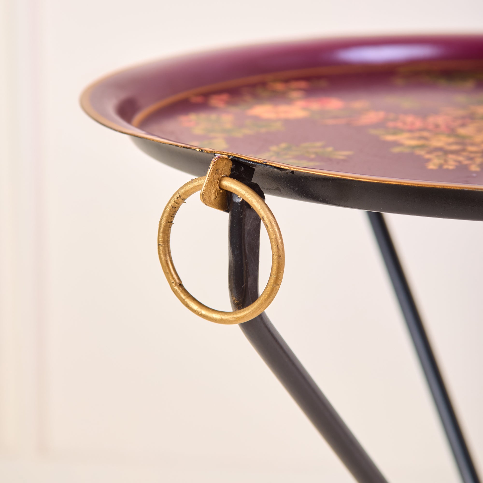 Rosa Maroon Hand-Painted Round Foldable Metal Tray Table