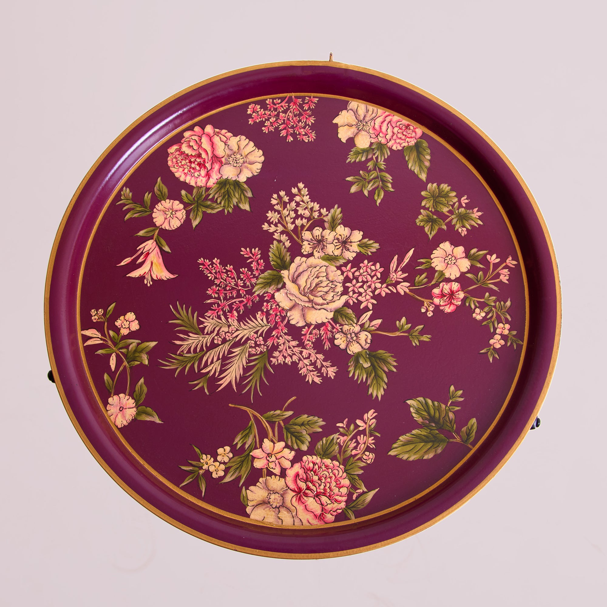 Rosa Maroon Hand-Painted Round Foldable Metal Tray Table