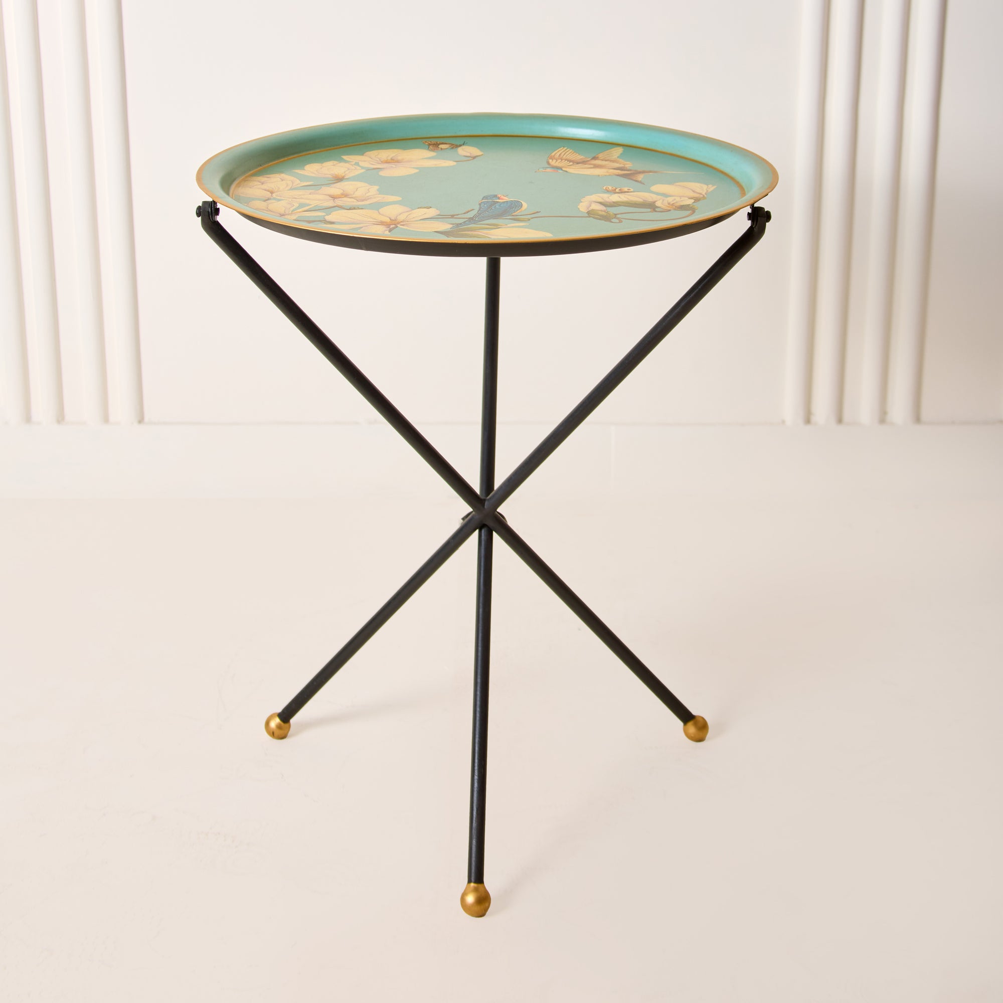 Magnolia Light Blue Hand-Painted Round Foldable Metal Tray Table