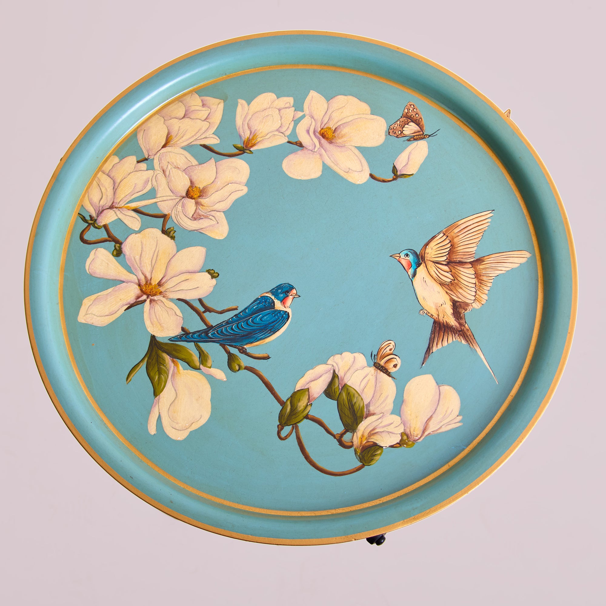 Magnolia Light Blue Hand-Painted Round Foldable Metal Tray Table
