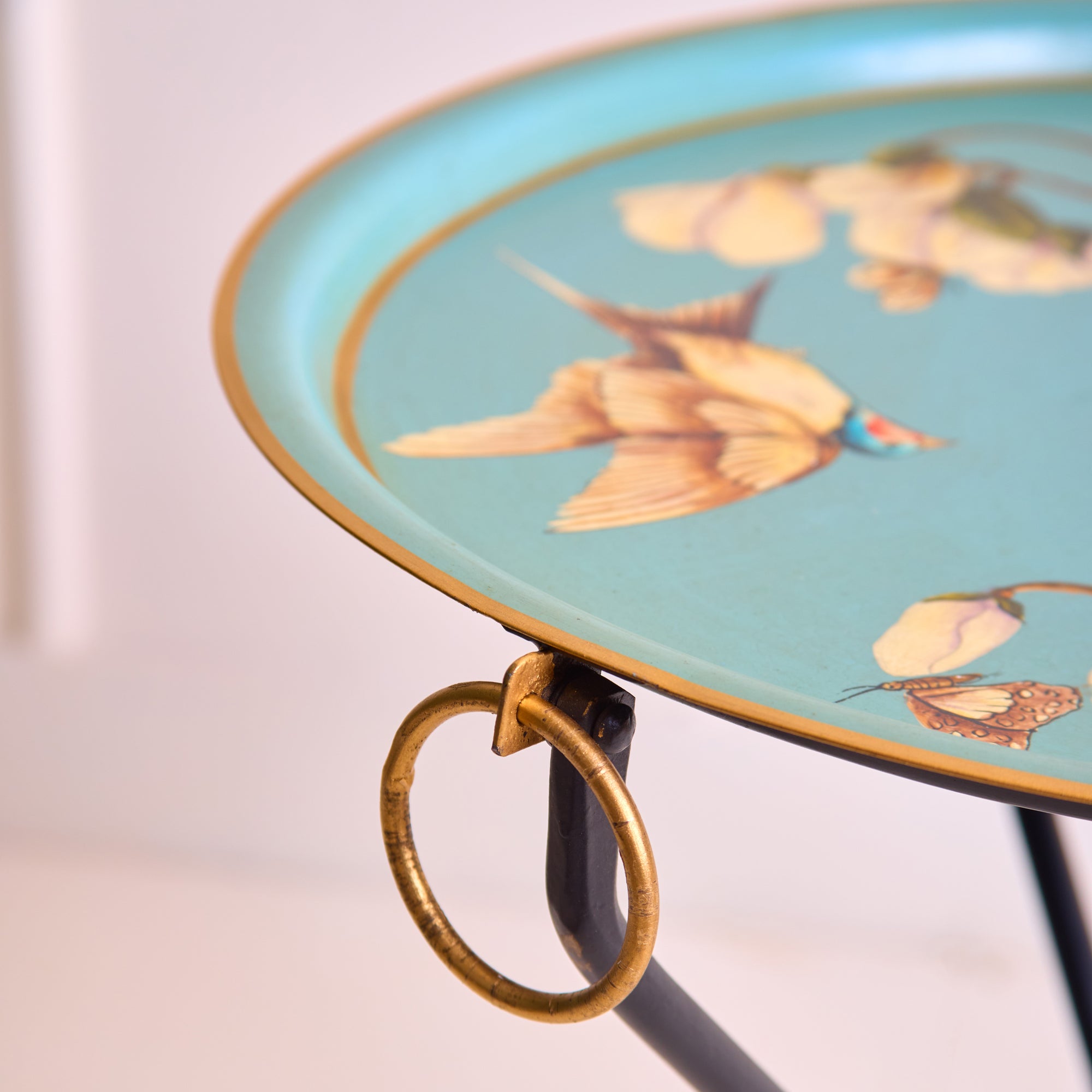 Magnolia Light Blue Hand-Painted Round Foldable Metal Tray Table