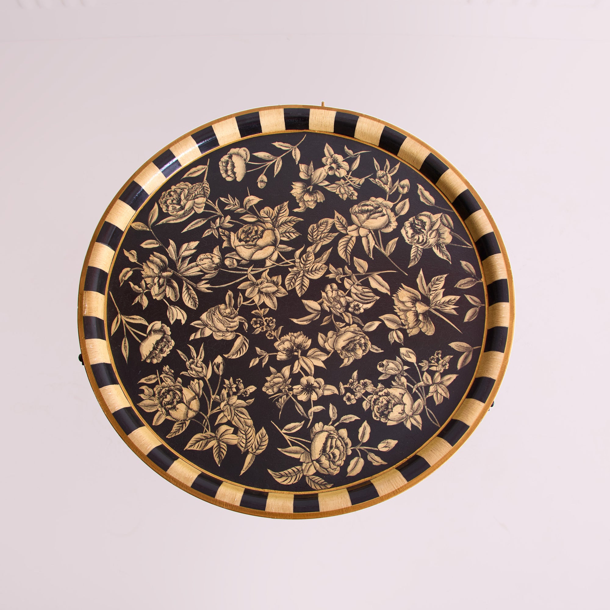 Peony Black Hand-Painted Round Foldable Metal Tray Table