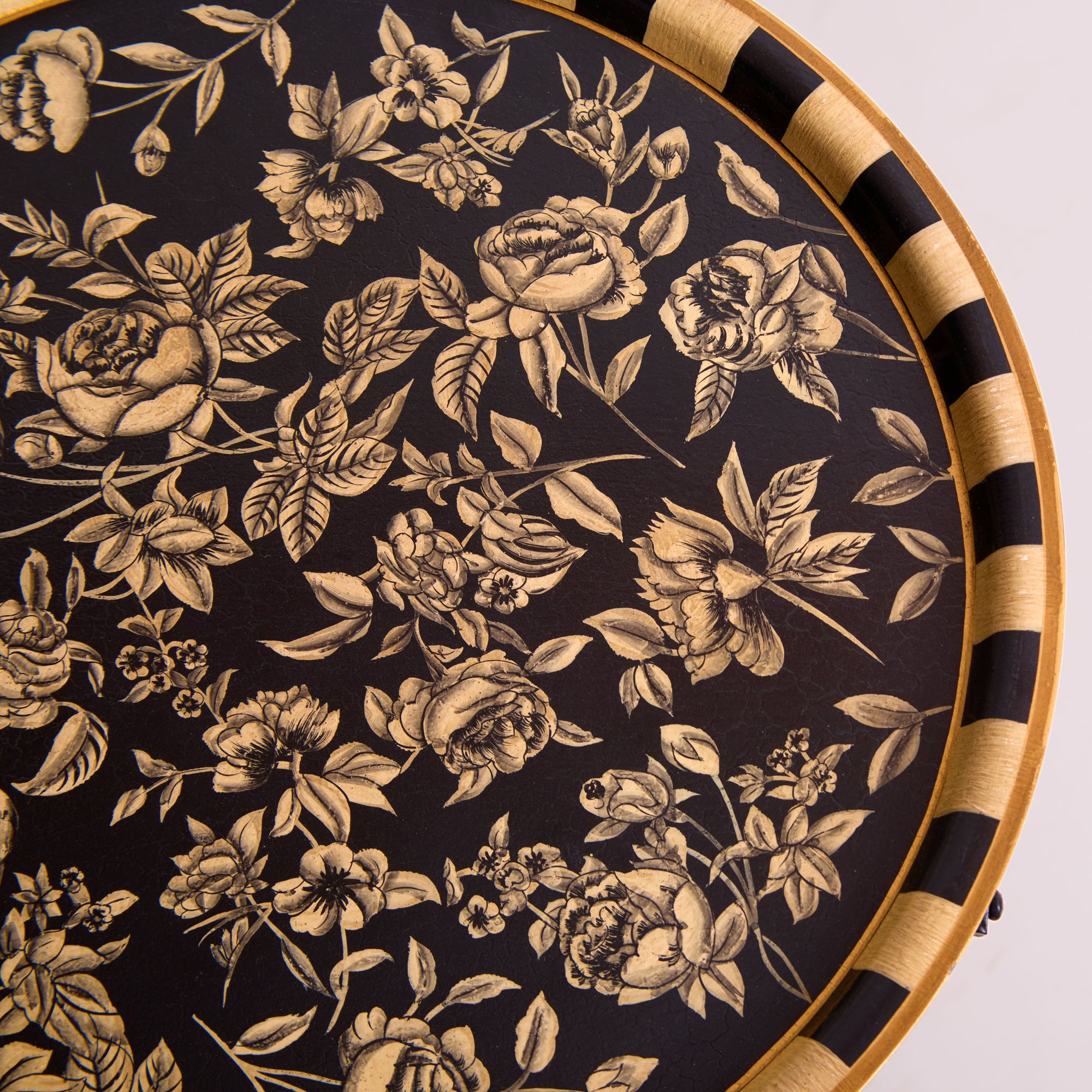 Peony Black Hand-Painted Round Foldable Metal Tray Table