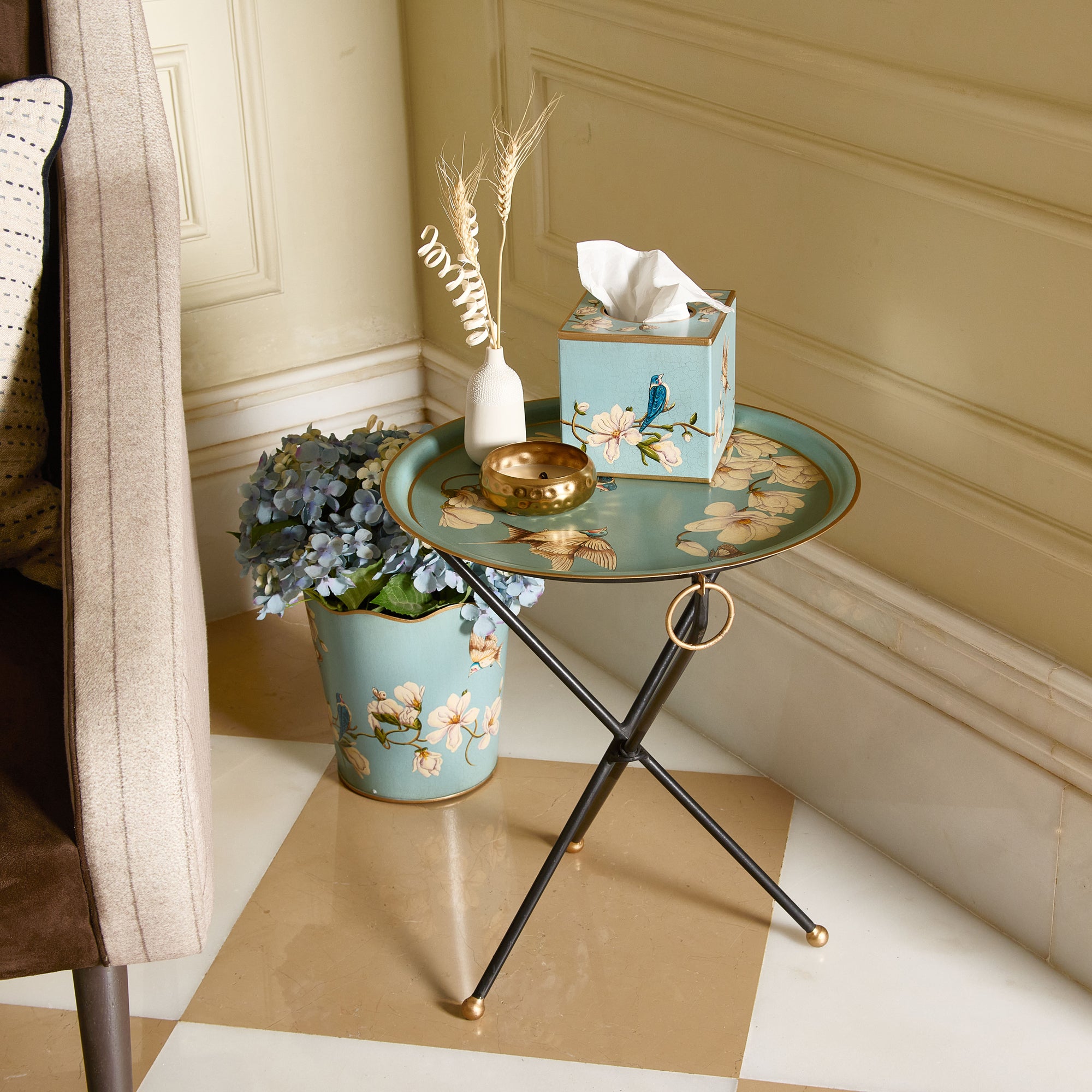 Magnolia Light Blue Hand-Painted Round Foldable Metal Tray Table