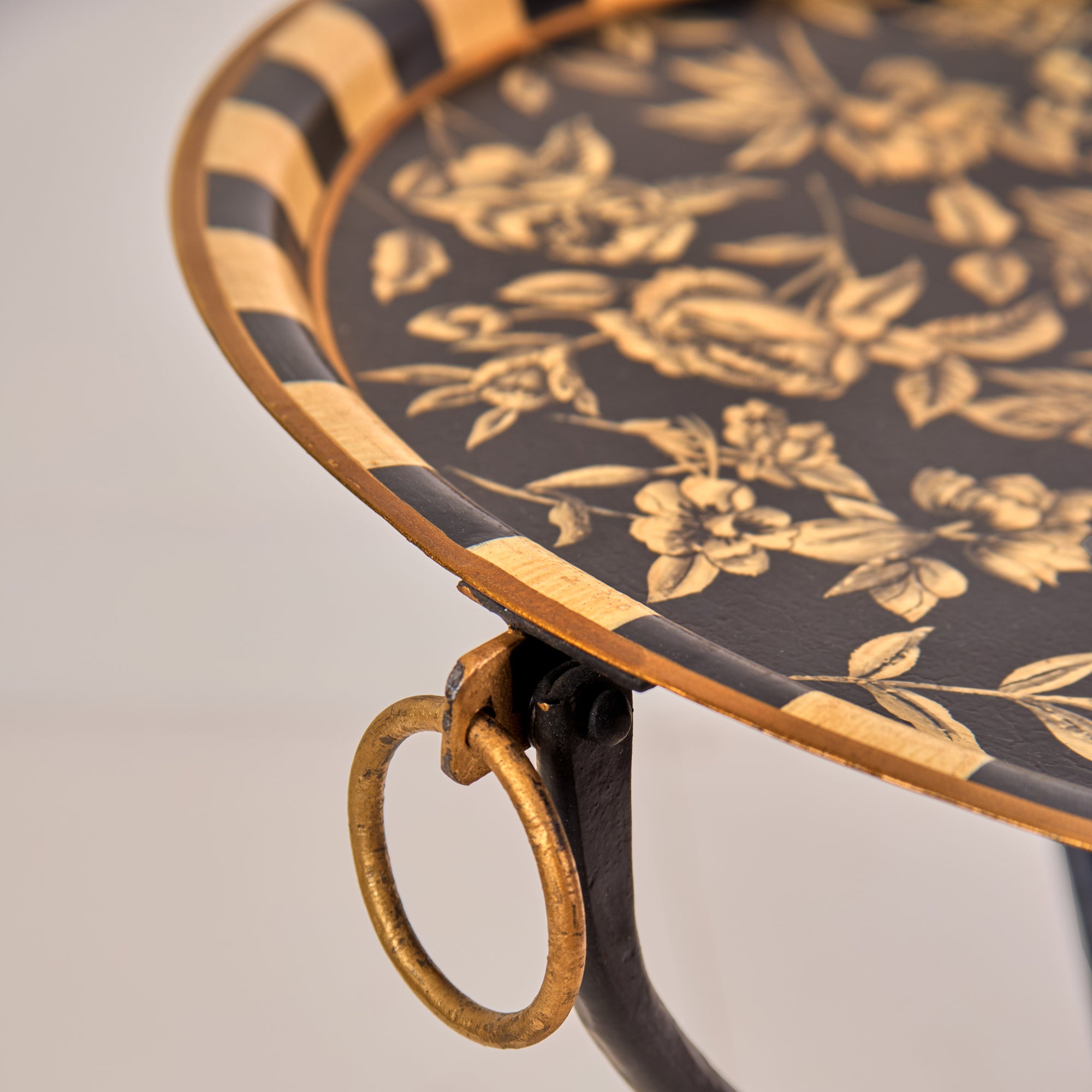Peony Black Hand-Painted Round Foldable Metal Tray Table